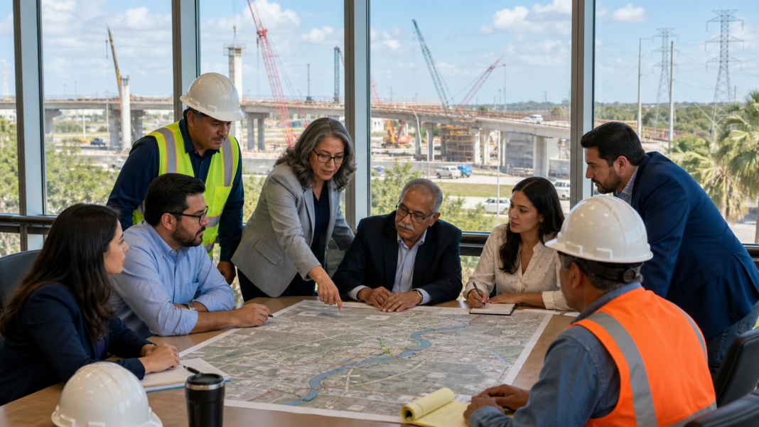 Engineers, educators and development officials review a regional infrastructure map.