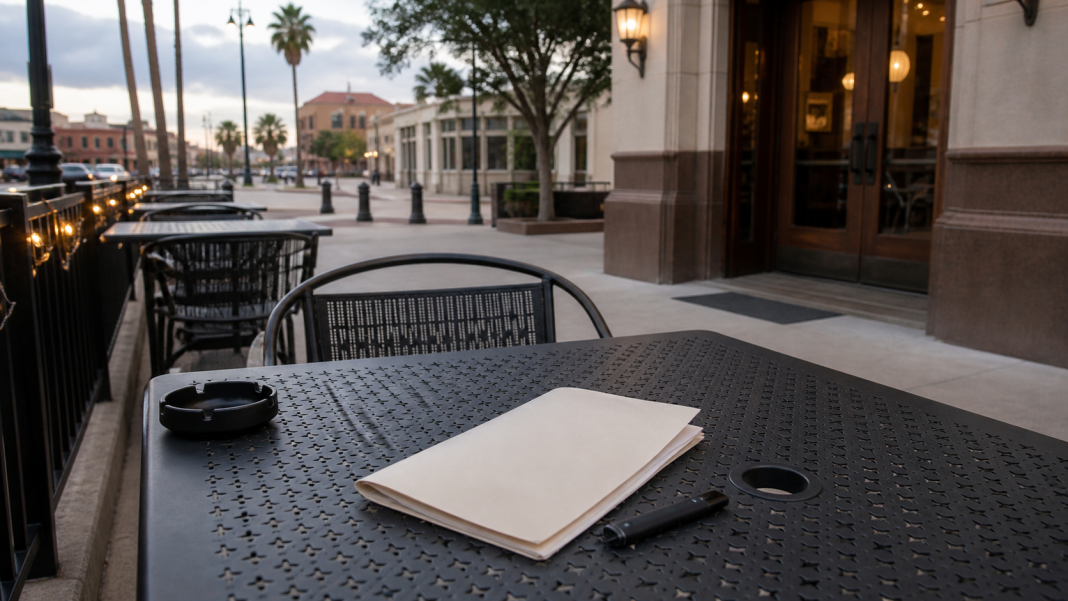 An outdoor restaurant patio table holds an ashtray, vape device and ordinance packet.
