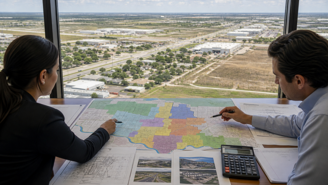 Economic development analysts review a census-tract map overlooking a South Texas corridor.