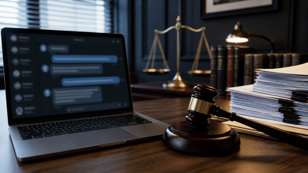 Laptop displaying abstract chatbot messages beside a judge gavel and court files