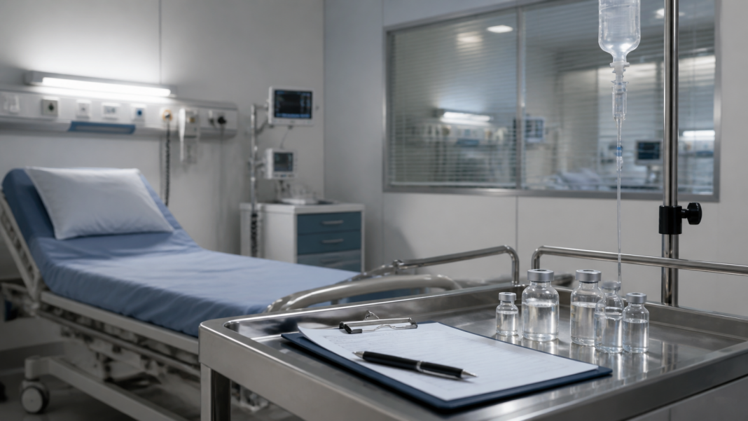 Empty hospital recovery room with medication vials and an IV pole