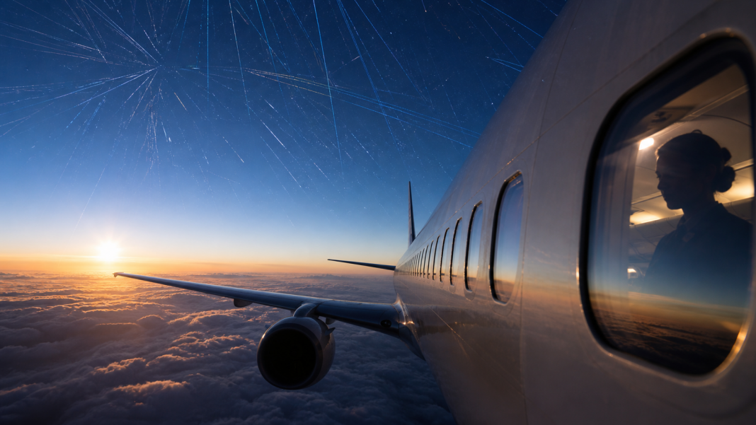 Commercial airliner at high altitude beneath a visualization of cosmic particles