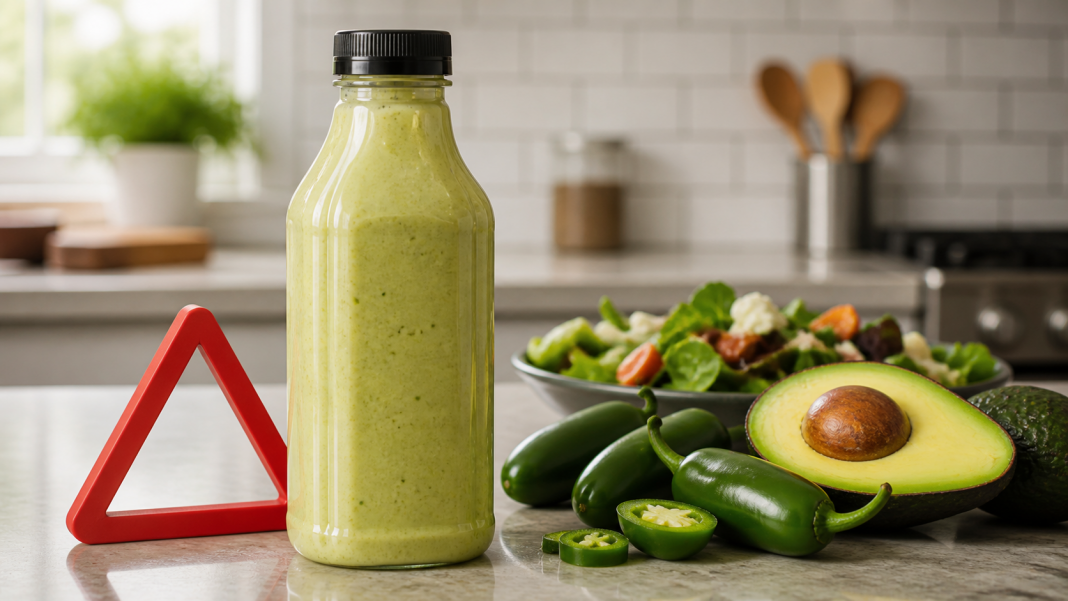 Unbranded bottle of green jalapeno avocado dressing beside a caution symbol