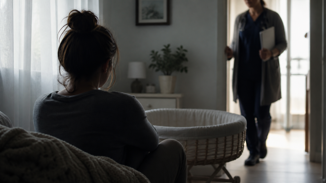 Anonymous new mother near an empty bassinet as a clinician approaches