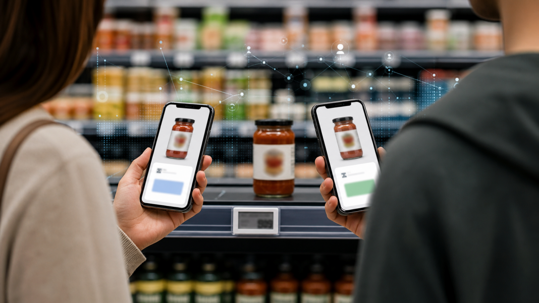 Two shoppers viewing the same grocery item on phones with different algorithmic price displays