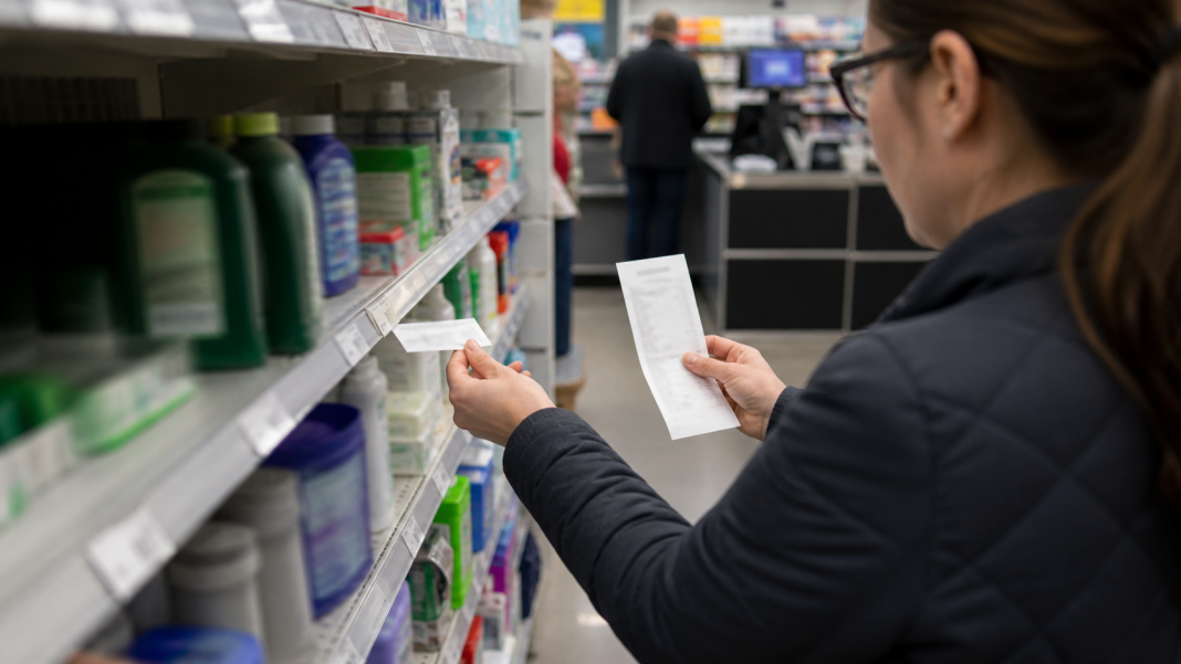 Shopper comparing a receipt with a shelf price in a discount store
