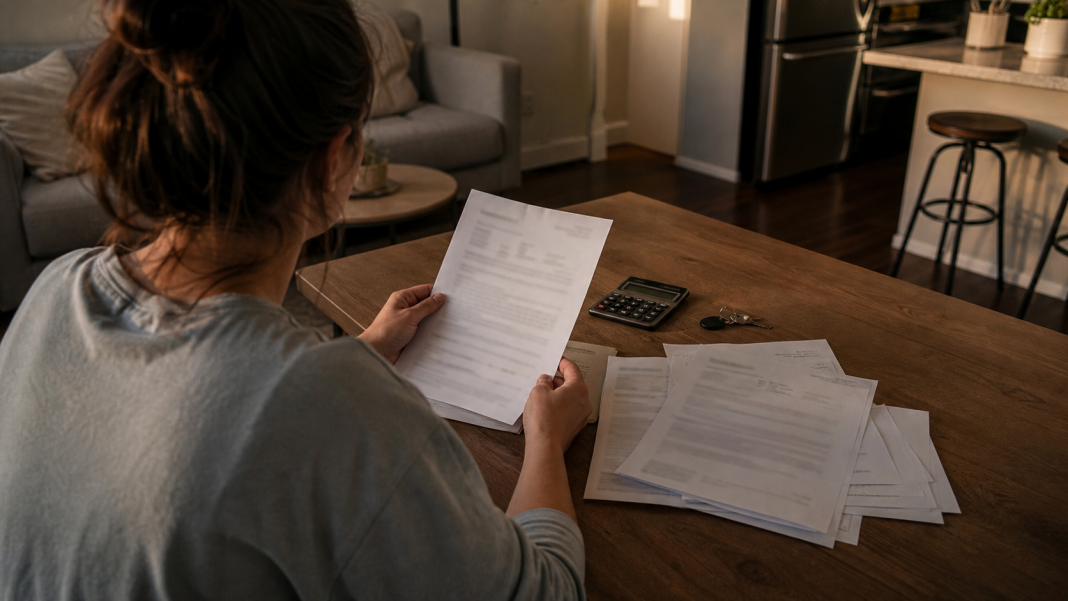 Apartment renter reviewing a lease and multiple fee notices at a table