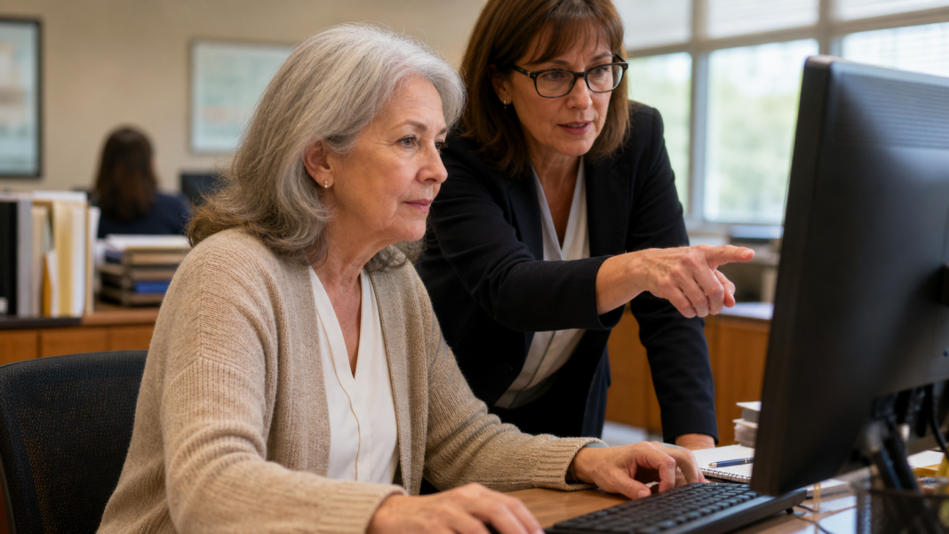 Older worker learning a computer system with help from an office colleague
