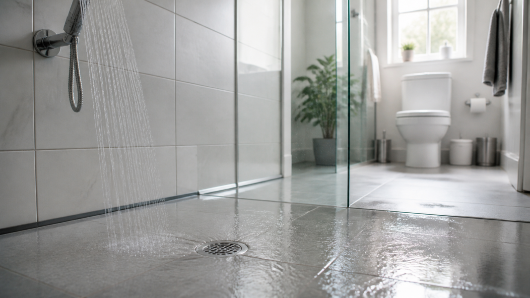 Clean home bathroom with a running shower, floor drain and toilet