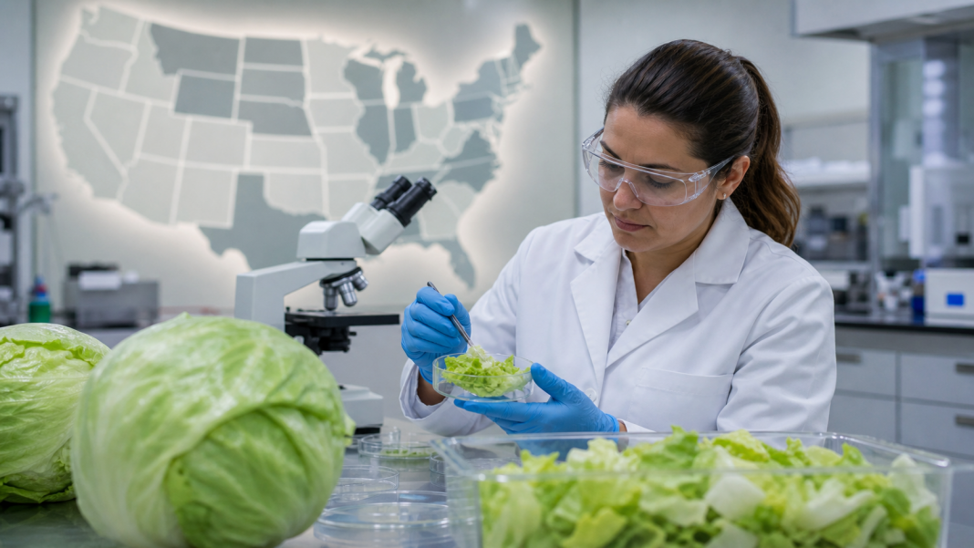 Food-safety scientist testing iceberg lettuce in a laboratory