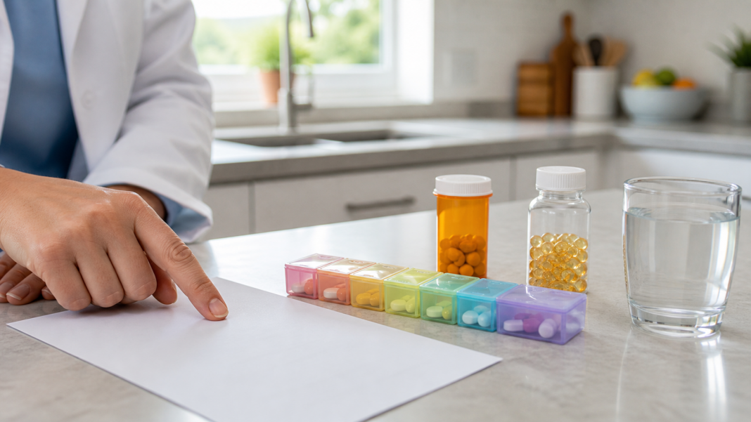 Prescription bottles, vitamin D softgels and a pill organizer beside a medication list