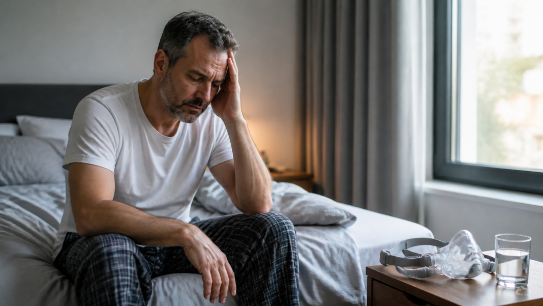 Adult waking with a headache beside a sleep-apnea mask