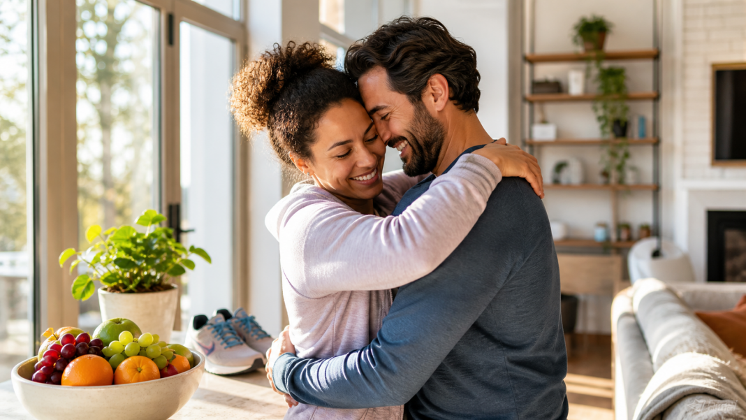 Adult couple embracing near fruit and running shoes in a bright home