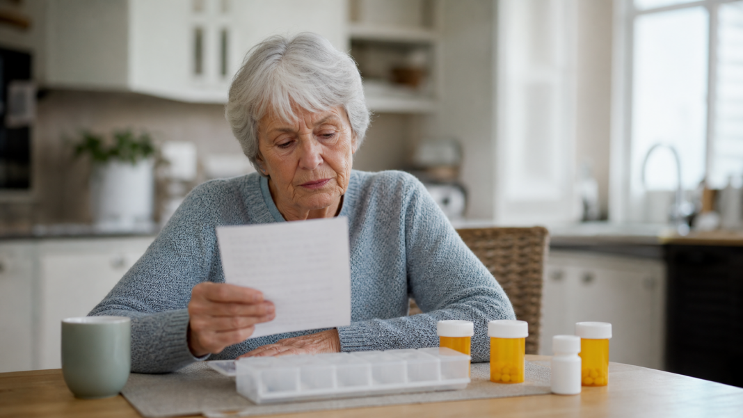 Older adult reviewing a medication list and pill organizer
