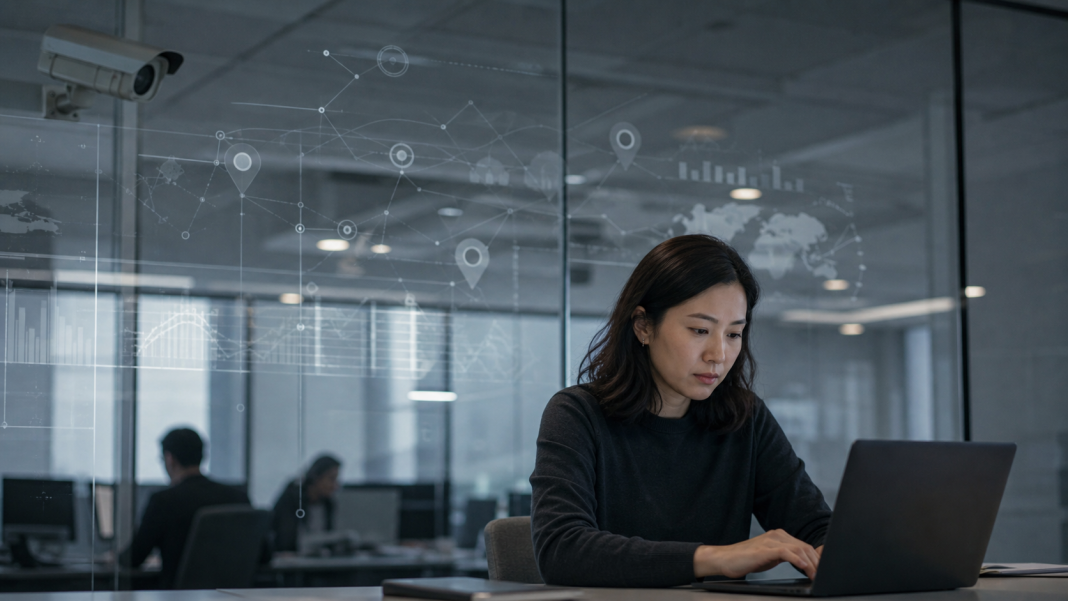 Office worker at a laptop with abstract monitoring symbols reflected in glass