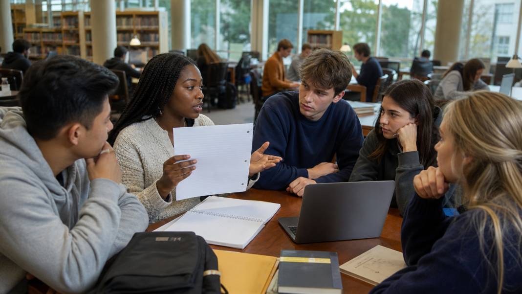 First-year university students discussing coursework in a campus library