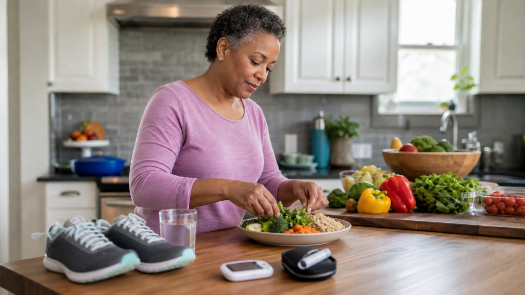 Adult preparing a healthy meal beside walking shoes and a glucose meter