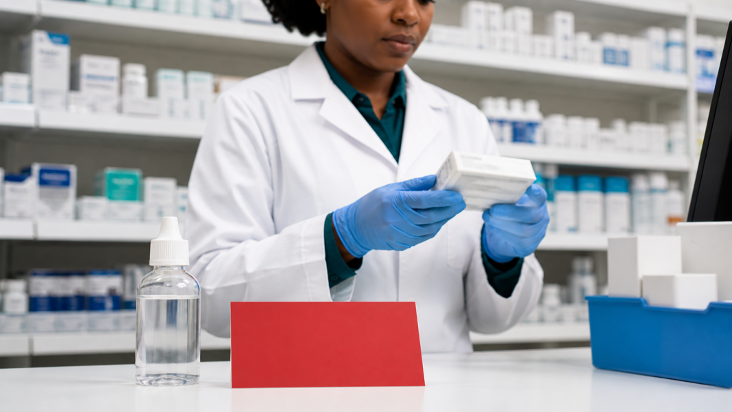 Pharmacist checking an unbranded eye-drop package beside a caution card