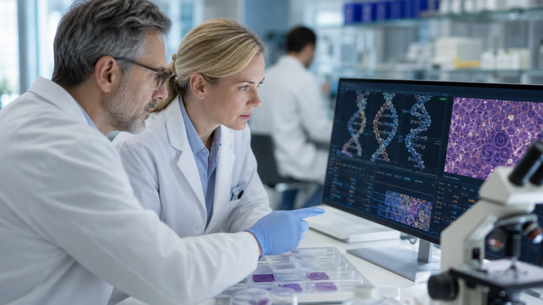 Cancer researchers examining melanoma tissue and individualized mRNA data in a laboratory