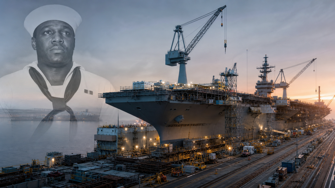 Aircraft carrier under construction with an illustration honoring a Black World War II sailor