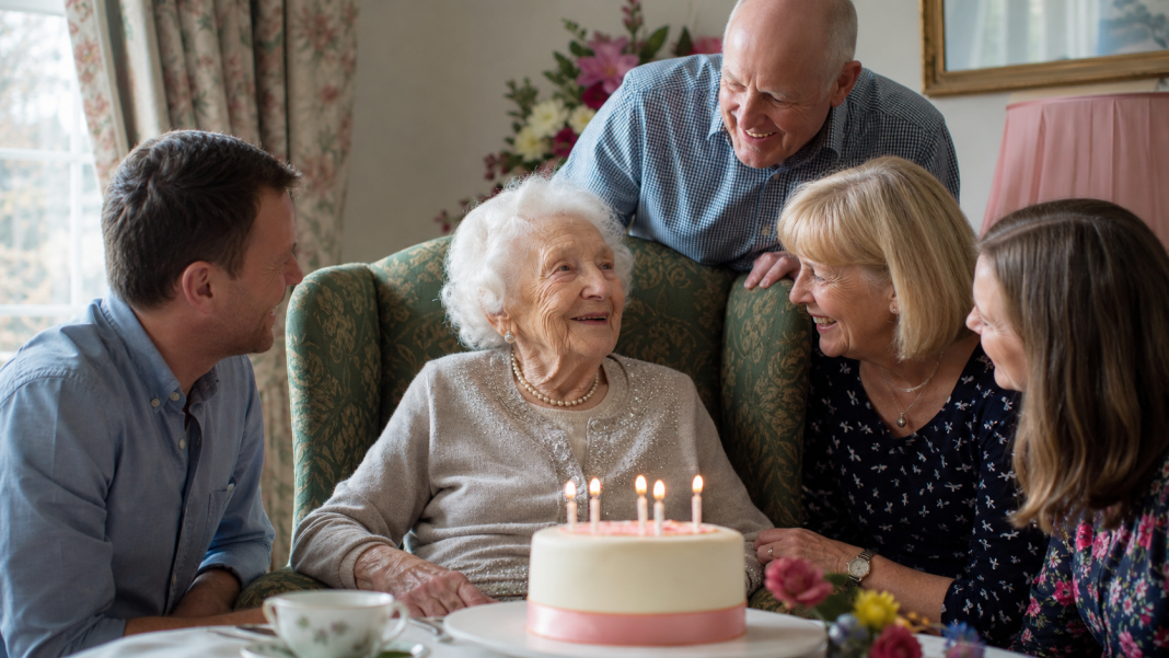 Illustration of a very elderly British woman celebrating a birthday with family