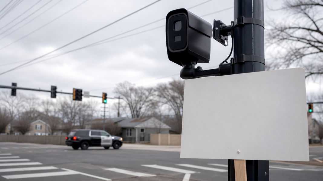 Automated license-plate camera partly blocked by a blank protest placard at an intersection