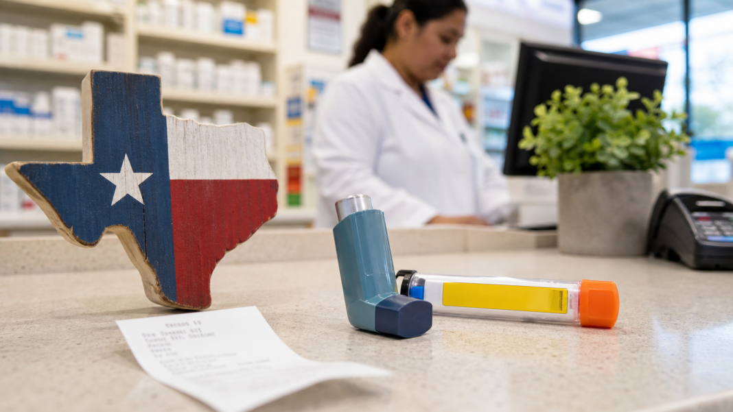 Illustration of an inhaler and epinephrine auto-injector at a Texas pharmacy