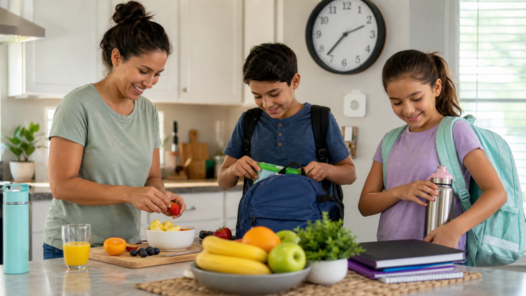 A family prepares healthy food, water bottles and backpacks before school.