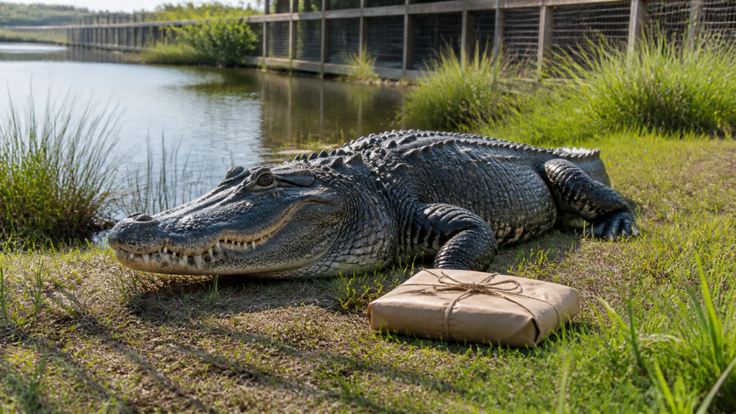 Illustration of a large alligator at a coastal wildlife sanctuary