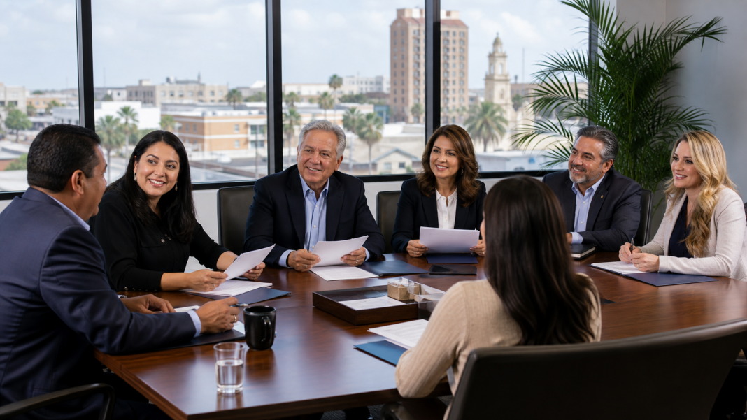 Brownsville business leaders meet around a chamber board table