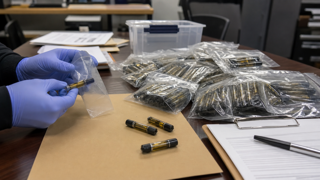 Vape cartridges are processed on a generic evidence table.