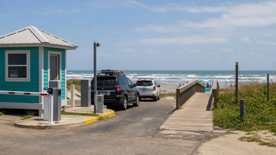 Vehicles enter a Gulf Coast beach through an access station beside a boardwalk.