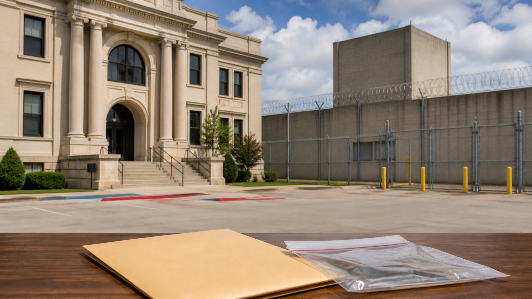 A courthouse corridor with evidence containers in the foreground
