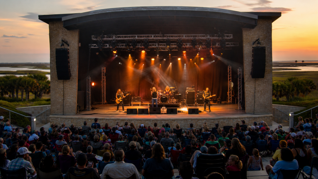 A classic rock tribute band performs at a coastal amphitheater