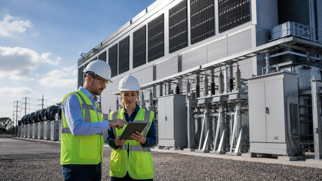 Engineers review energy plans outside a Texas data center