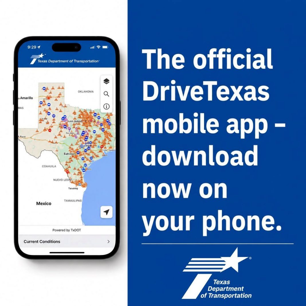 City graphic announcing the DriveTexas mobile app
