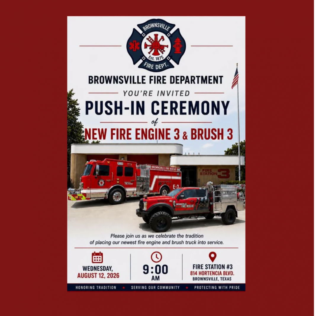 Brownsville firefighters push a new fire engine into its station
