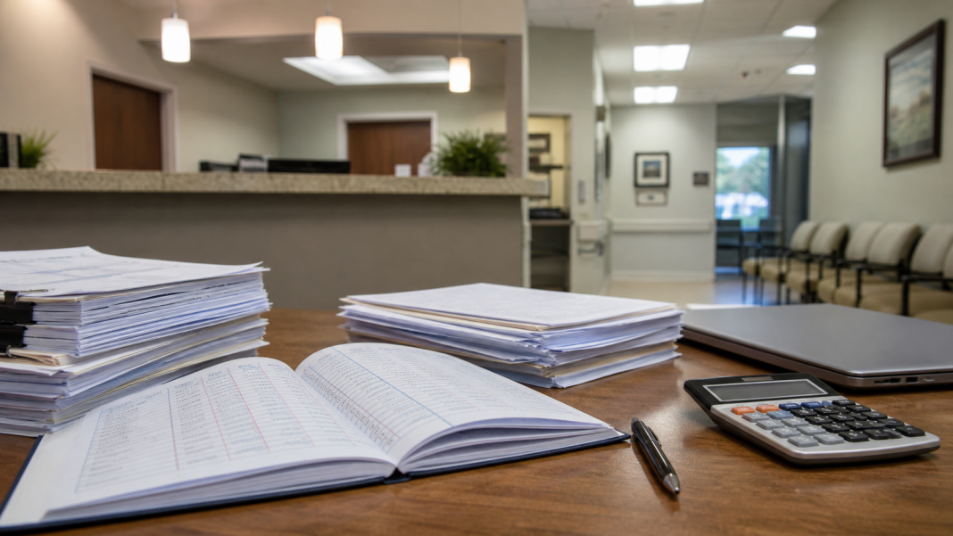 Financial records and calculator on a medical office desk