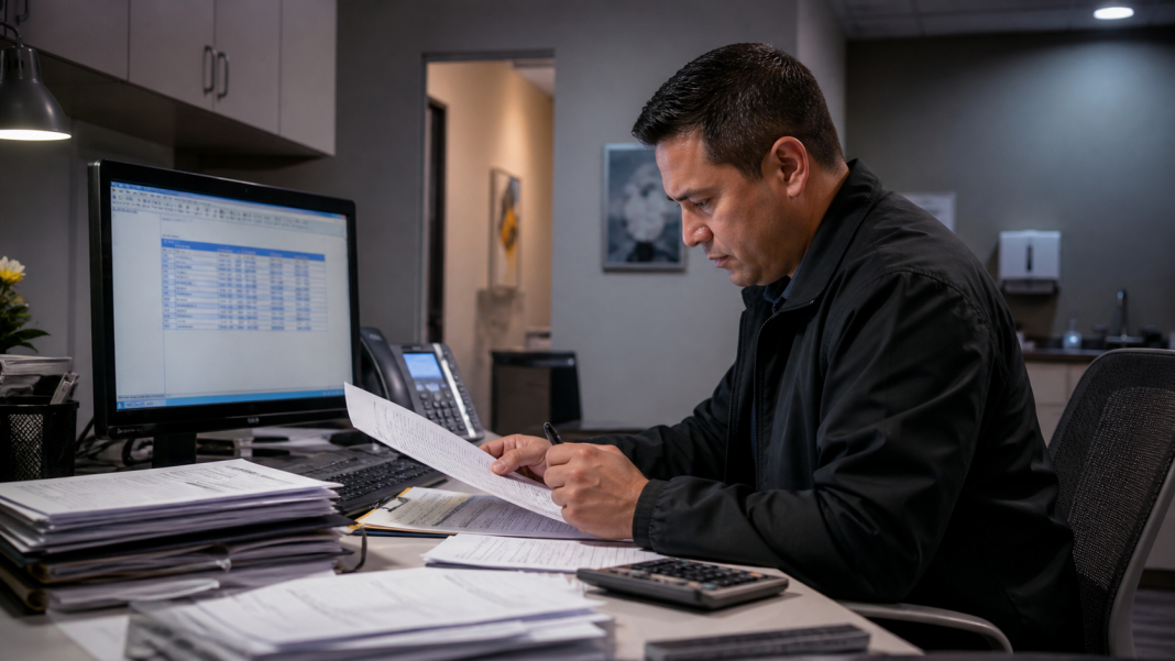 An investigator reviews financial records in a medical office