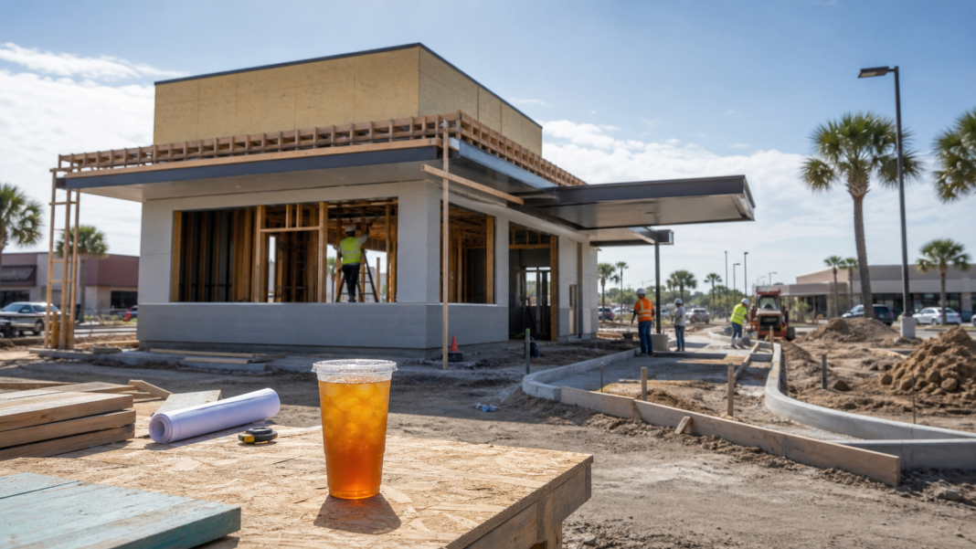 Illustration of a drive-thru beverage shop under construction in Brownsville