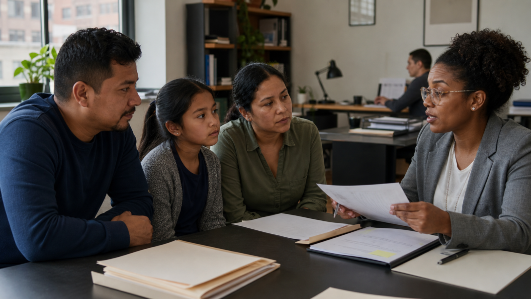 A volunteer lawyer explains immigration court paperwork to a family