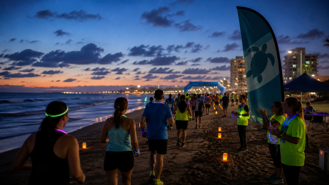 Nighttime charity beach run supporting sea-turtle conservation