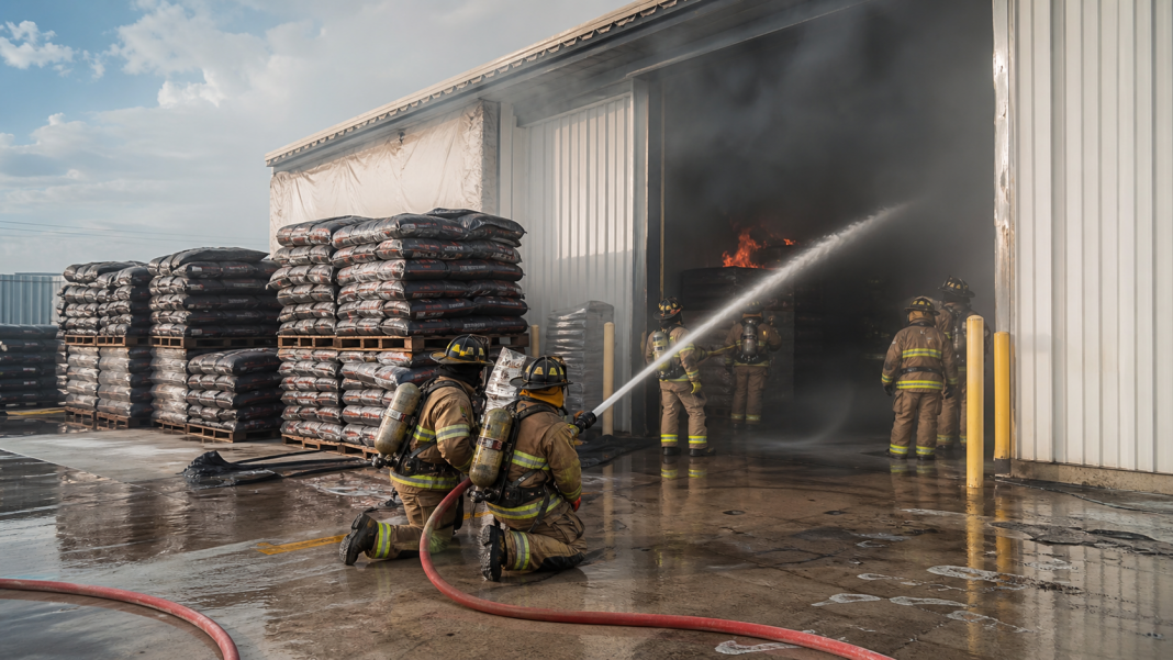 Firefighters responding to a charcoal warehouse fire