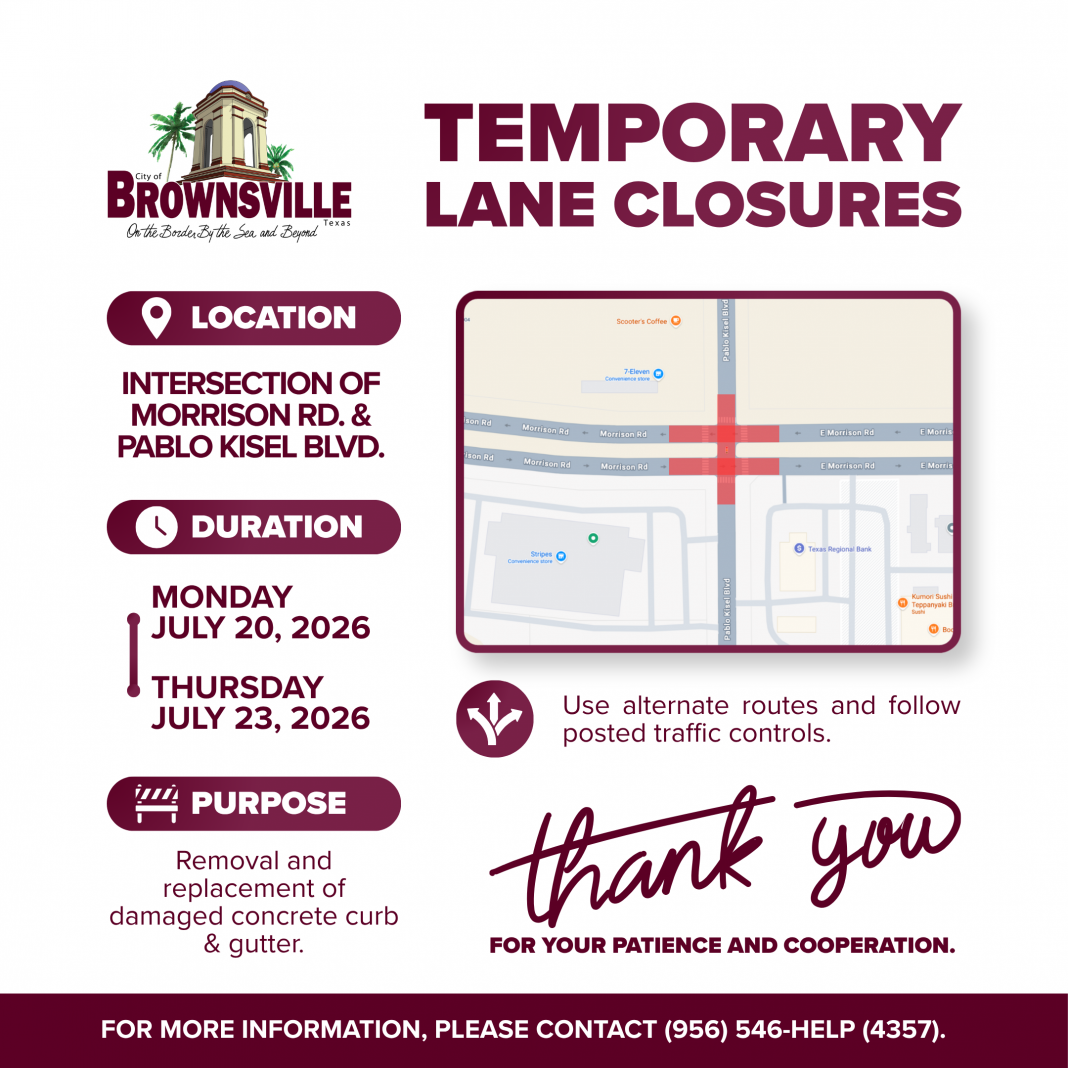 City of Brownsville roadway improvements notice for Morrison Road and Pablo Kisel Boulevard