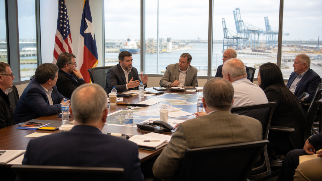 Energy and port officials meet beside the Brownsville Ship Channel