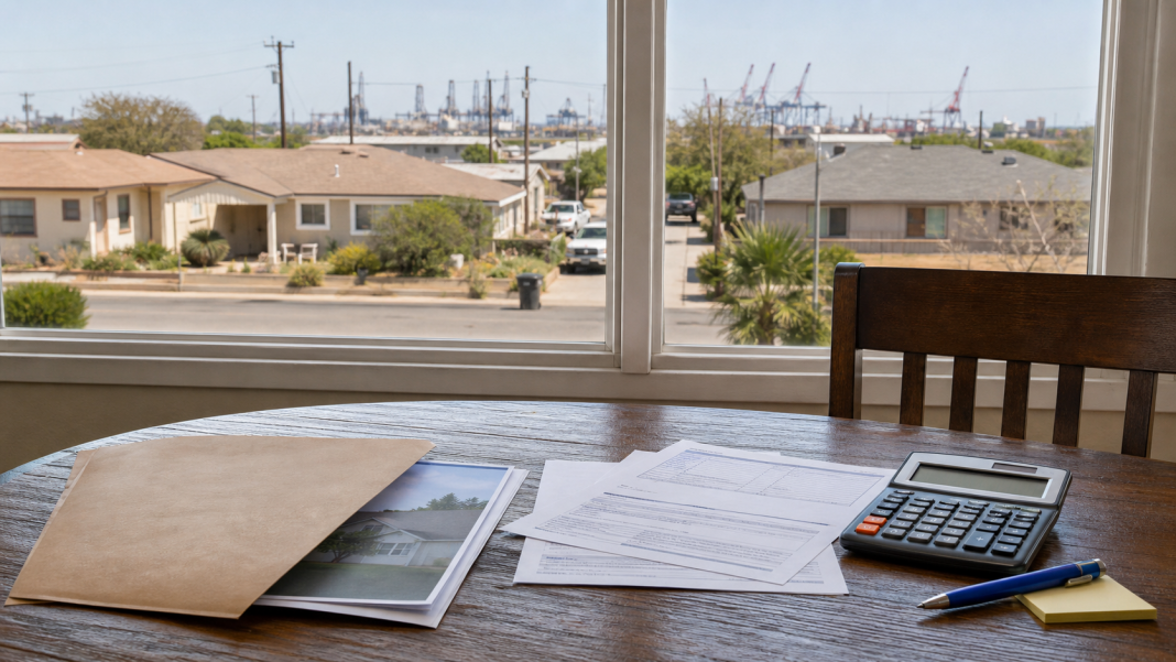 Illustration of homestead property tax paperwork in a Brownsville neighborhood