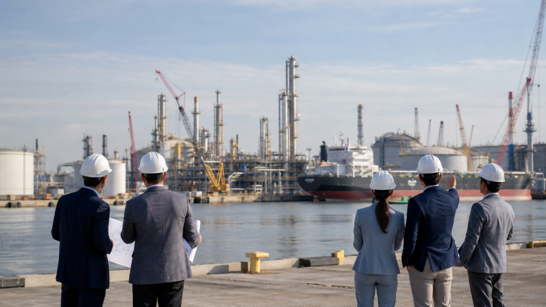Business officials review plans across the channel from industrial facilities at a port.