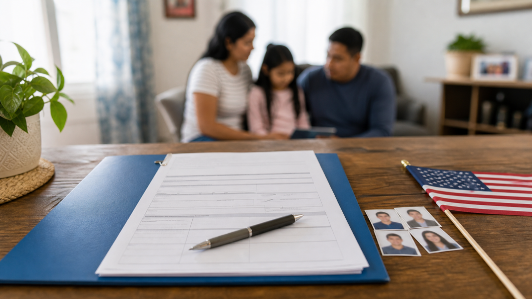 Illustration of a family reviewing permanent residency application paperwork