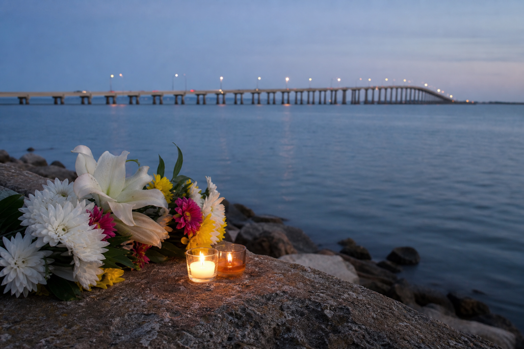 Flowers and candles overlooking the Queen Isabella Causeway at dusk