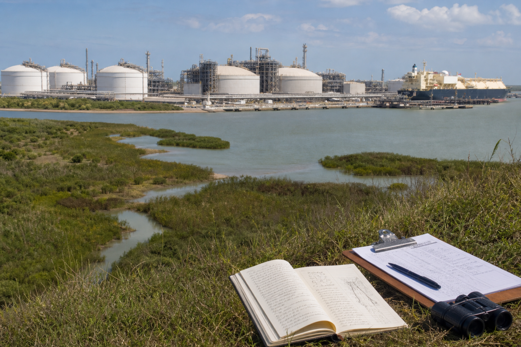 An LNG terminal along a coastal shipping channel
